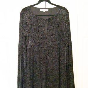 Black Embossed Paisley Print Dress with Bell Sleeves